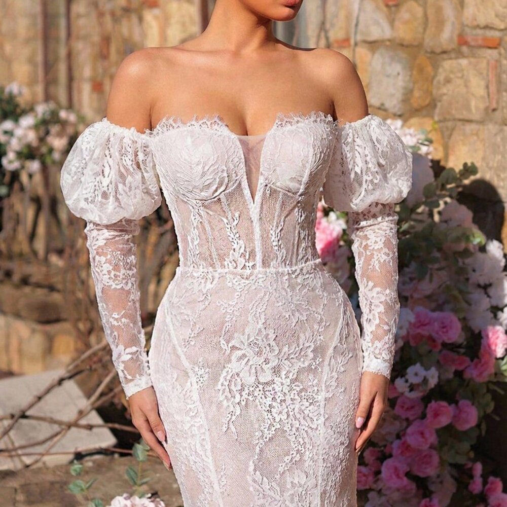 White Elegant Women's Lace Off Shoulder Trailing Dress - Picture 6 of 9